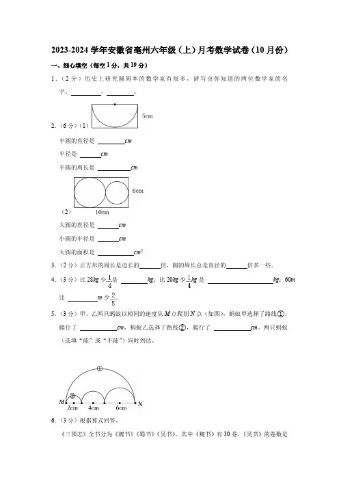 2023-2024学年安徽省亳州六年级(上)月考数学试卷(10月份)(含解析)