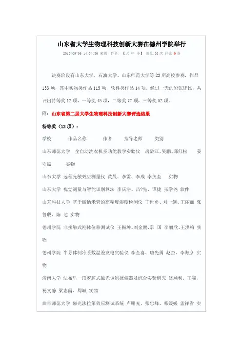 山东省第二届大学生物理科技创新大赛评选结果
