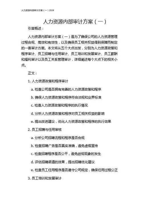 人力资源内部审计方案(一)2024