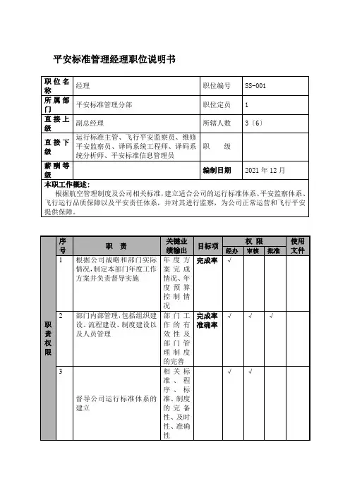 某航空物流公司安全标准管理经理职位说明书及关键绩效标准
