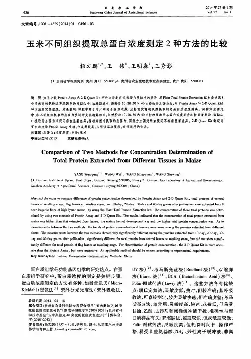 玉米不同组织提取总蛋白浓度测定2种方法的比较