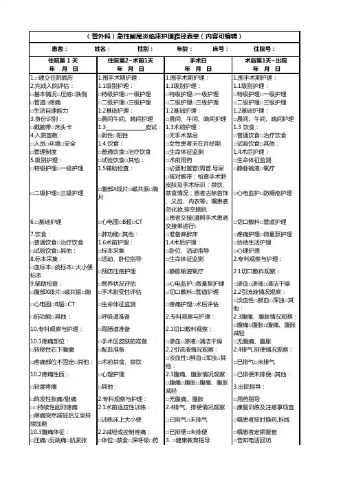 (普外科)急性阑尾炎临床护理路径表单(内容可编辑)