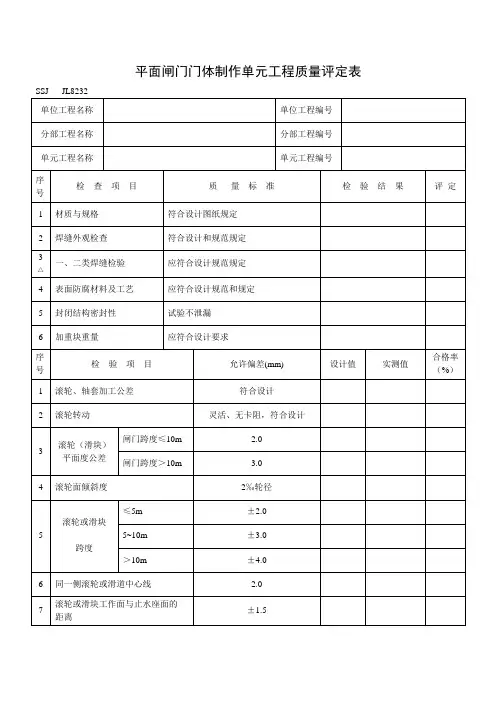 平面闸门门体制作单元工程质量评定表