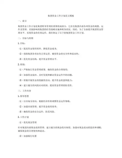 集团资金工作计划范文模板