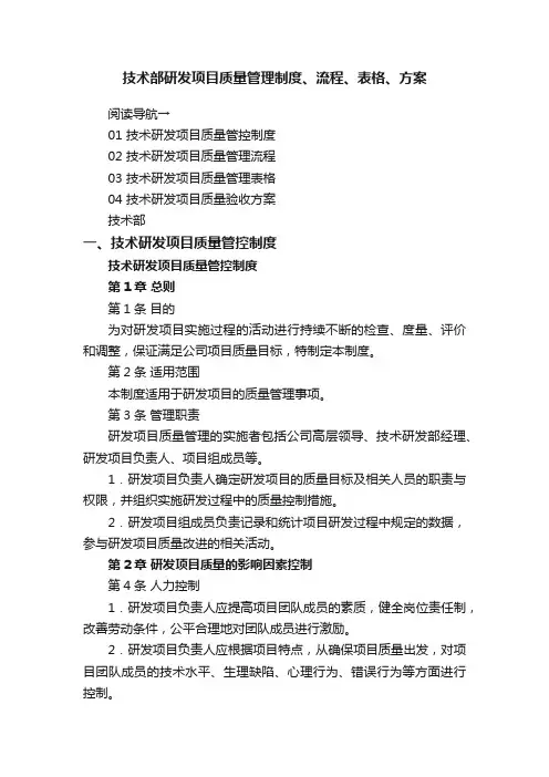 技术部研发项目质量管理制度、流程、表格、方案