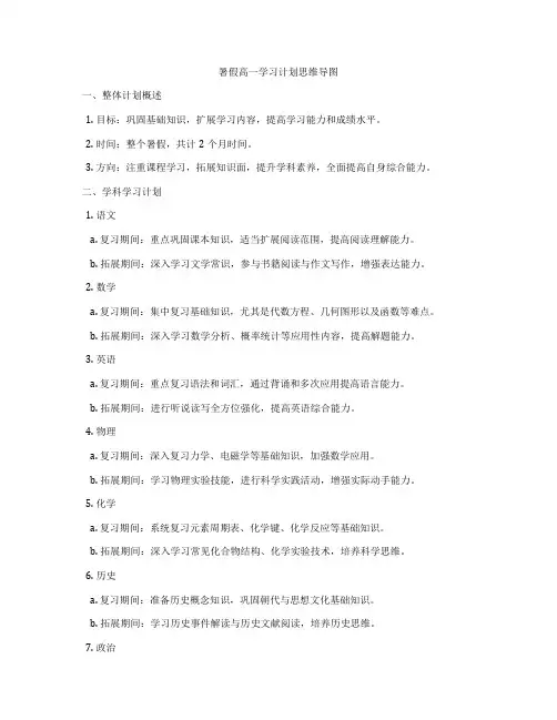 暑假高一学习计划思维导图