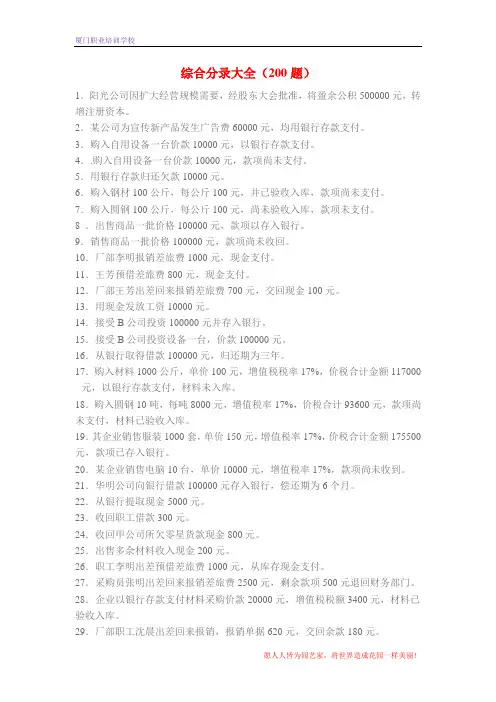 会计分录大全200题