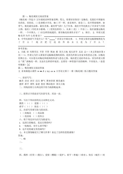 梅花魂短文阅读答案