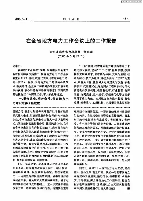 在全省地方电力工作会议上的工作报告