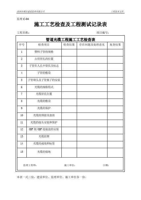 管道光缆工程施工工艺检查表
