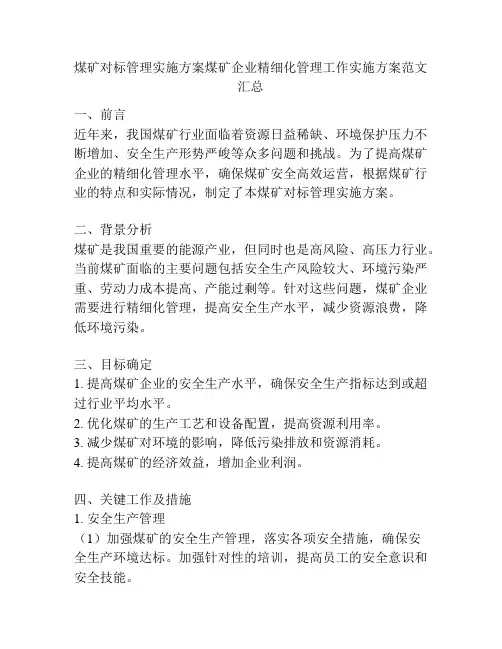 煤矿对标管理实施方案煤矿企业精细化管理工作实施方案范文汇总