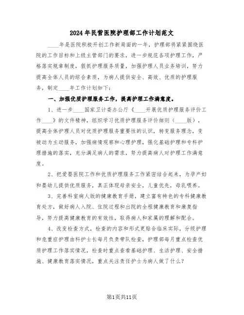 2024年民营医院护理部工作计划范文（三篇）