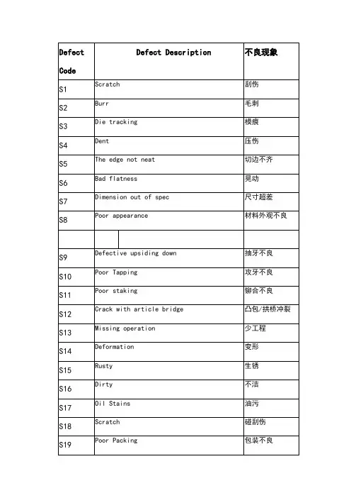 不良品项目定义中英文对照版