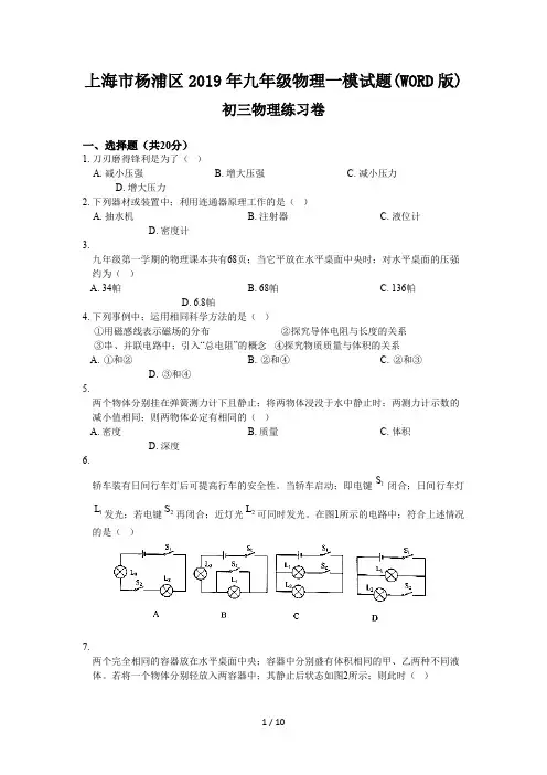 上海市杨浦区2019年九年级物理一模试题(WORD版)