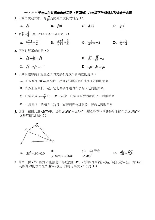 2023-2024学年山东省烟台市芝罘区(五四制)八年级下学期期末考试数学试题