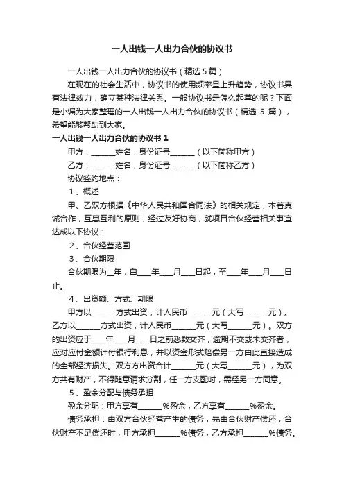 一人出钱一人出力合伙的协议书（精选5篇）