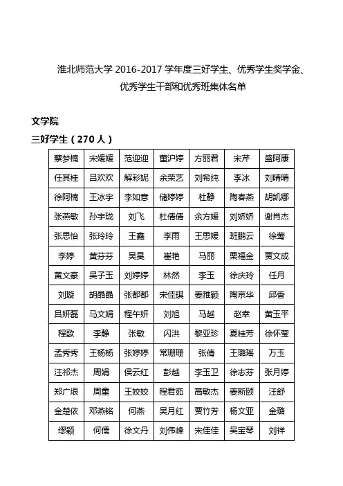 淮北师范大学2016-2017学年度三好学生、优秀学生奖学金、
