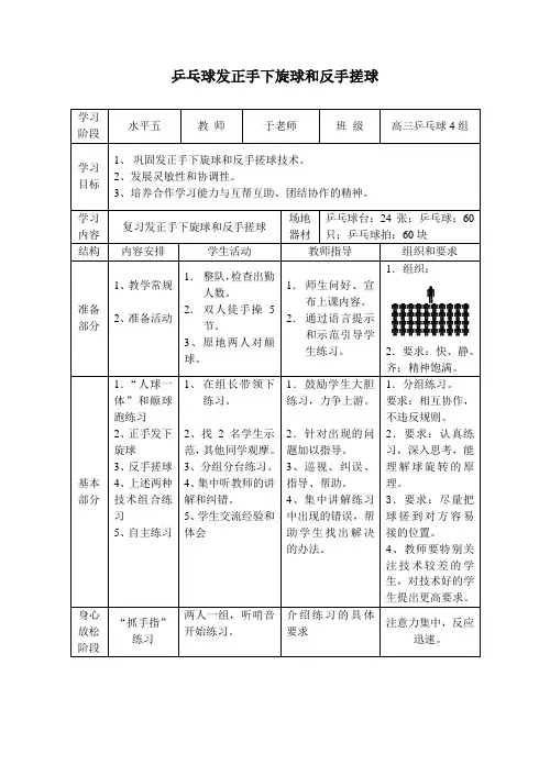 乒乓球发正手下旋球和反手搓球教案