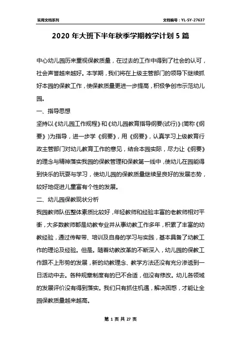 2020年大班下半年秋季学期教学计划5篇