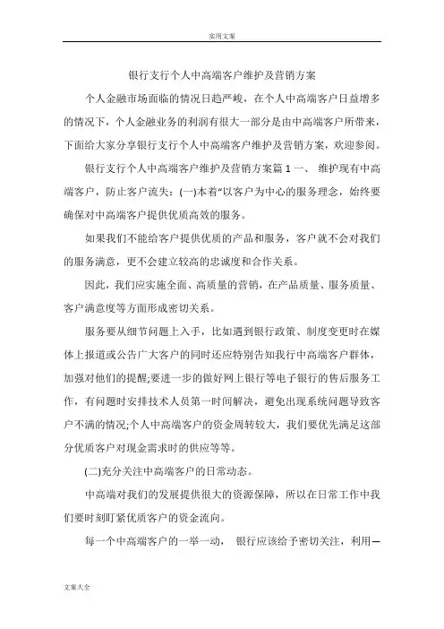 银行支行个人中高端客户维护及营销方案设计