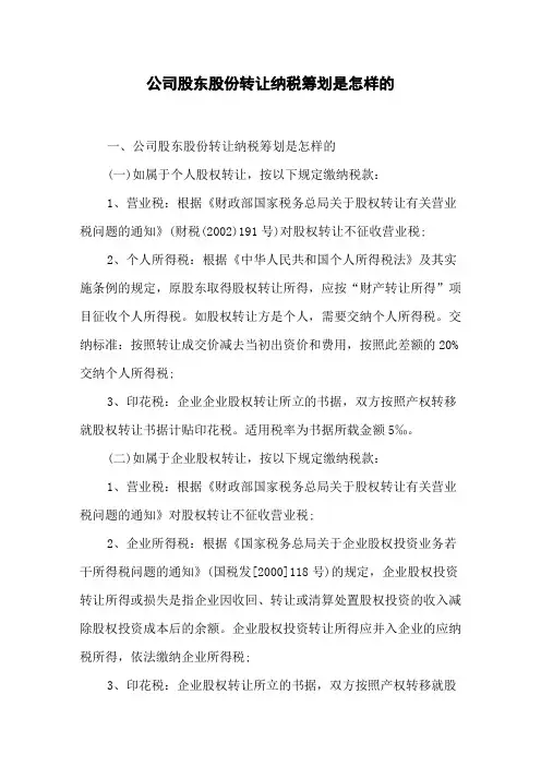 公司股东股份转让纳税筹划是怎样的