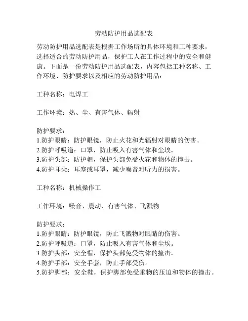 劳动防护用品选配表