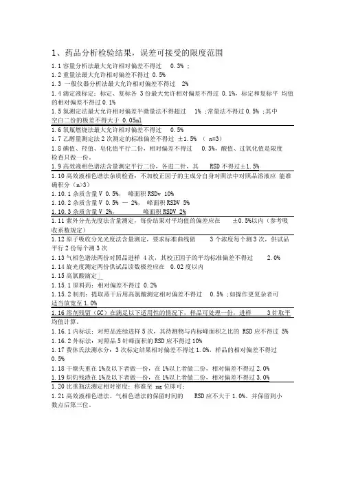 药品分析检验结果,误差可接受的限度范围
