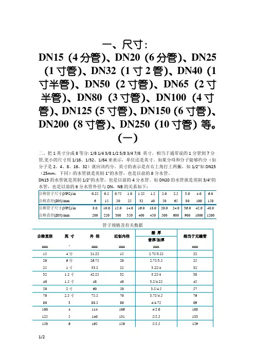 管道尺寸对照