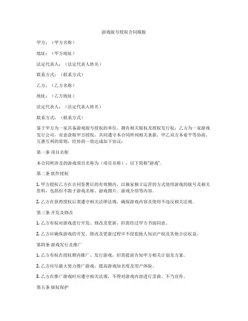 游戏版号授权合同模板