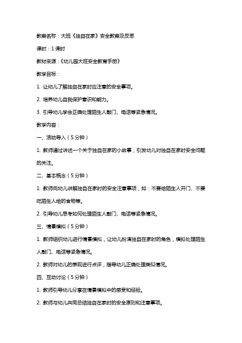 大班《独自在家》安全教案及反思