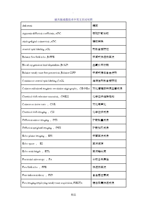 磁共振成像技术中英文名词对照
