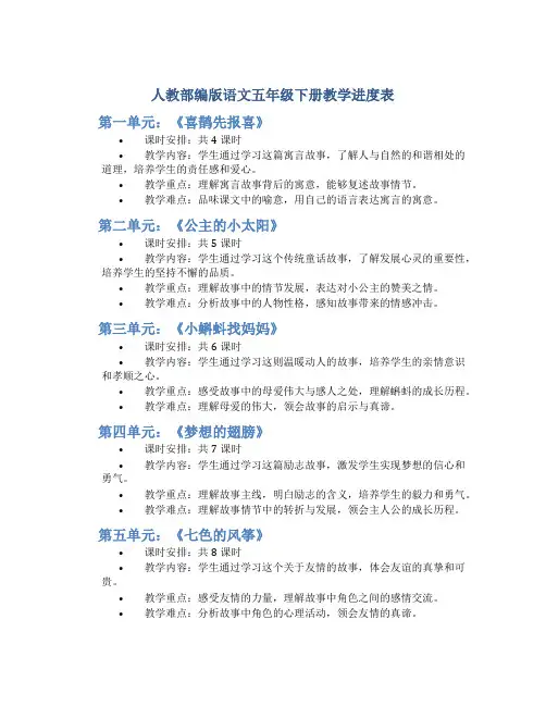 人教部编版语文五年级下册教学进度表
