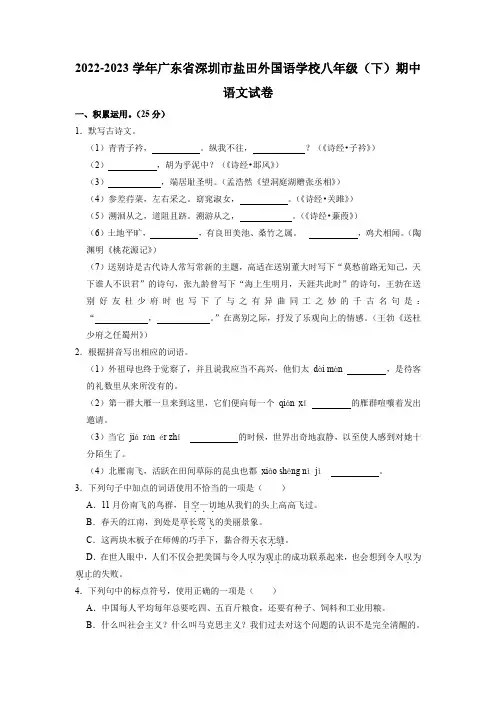 广东省深圳市盐田外国语学校2022-2023学年八年级下学期期中语文试卷
