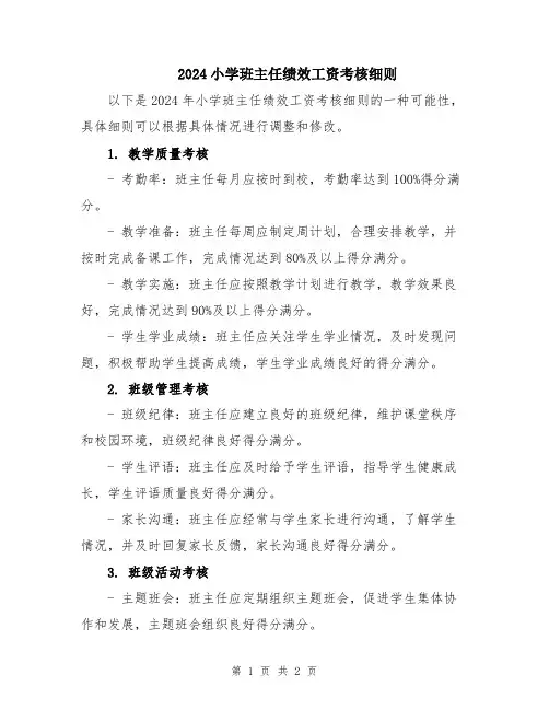 2024小学班主任绩效工资考核细则