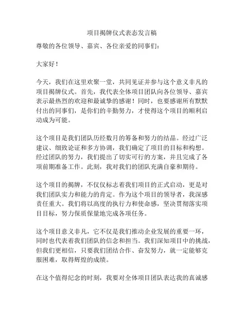项目揭牌仪式表态发言稿
