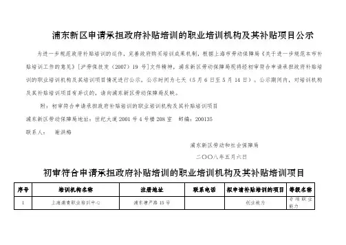 浦东新区申请承担政府补贴培训的职业培训机构及其补贴项目公示