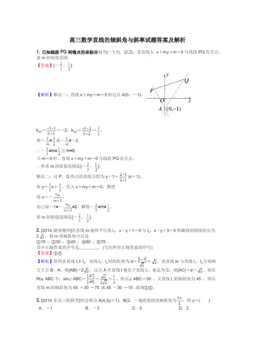 高三数学直线的倾斜角与斜率试题答案及解析
