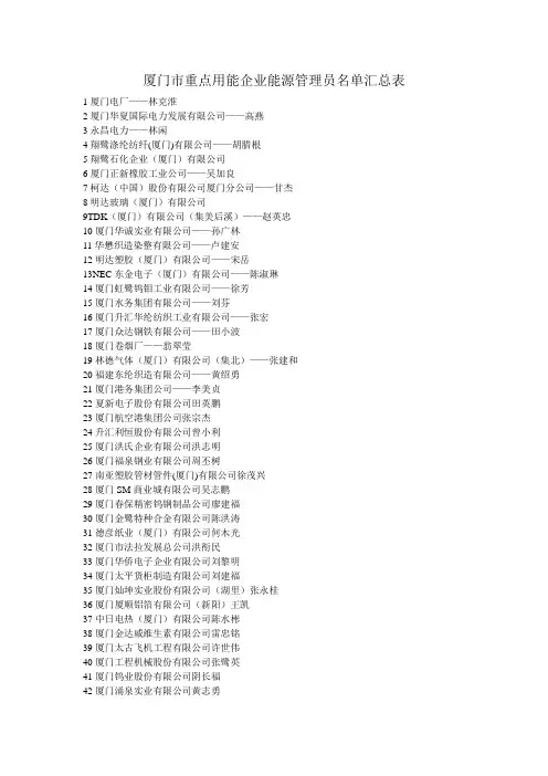 厦门市重点用能企业能源管理员名单汇总表