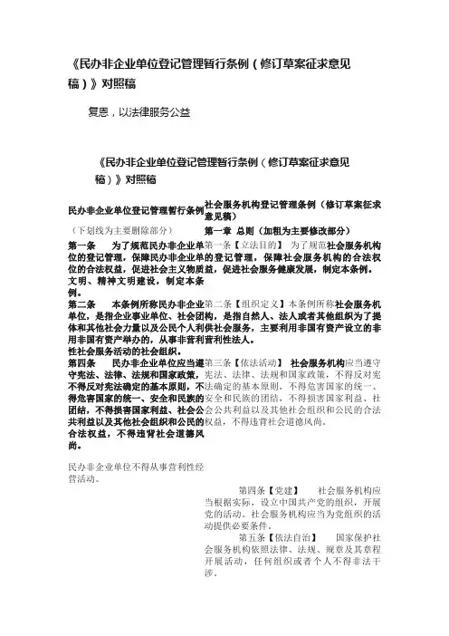 《民办非企业单位登记管理暂行条例（修订草案征求意见稿）》对照稿