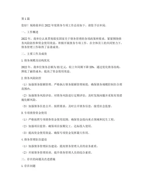债务专项年度总结汇报(3篇)