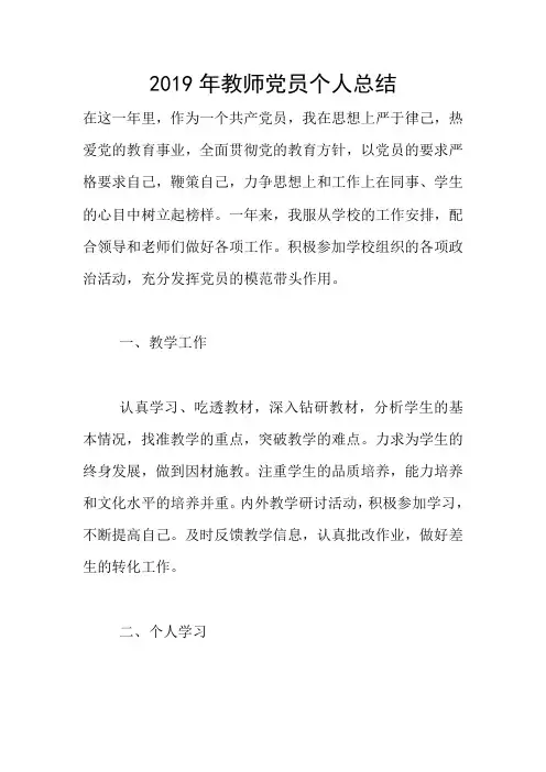 2019年教师党员个人总结