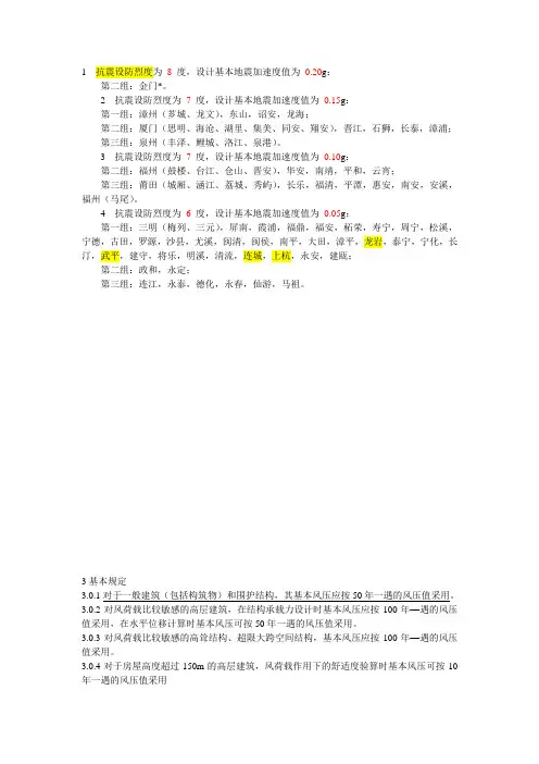 【2017年整理】福建抗震设防烈度和风压资料