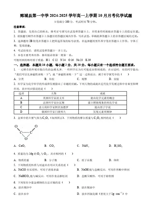 山东省菏泽市鄄城县第一中学2024-2025学年高一上学期10月月考化学试题(含解析)