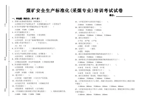 煤矿安全生产标准化(采煤专业)培训考试试卷