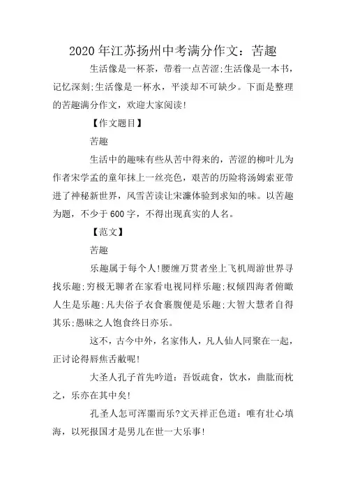 2020年江苏扬州中考满分作文：苦趣