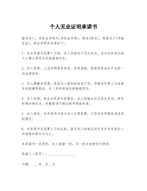 个人无业证明承诺书