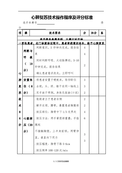 最新版心肺复苏评分表