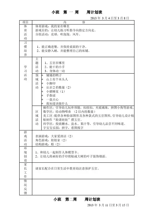 幼儿园小班下学期周计划