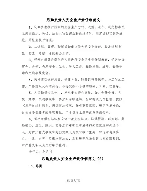 后勤负责人安全生产责任制范文(3篇)