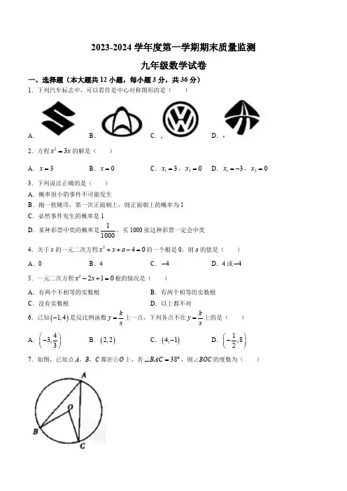 河北省保定市定州市2023-2024学年九年级上学期期末数学试题(含答案)